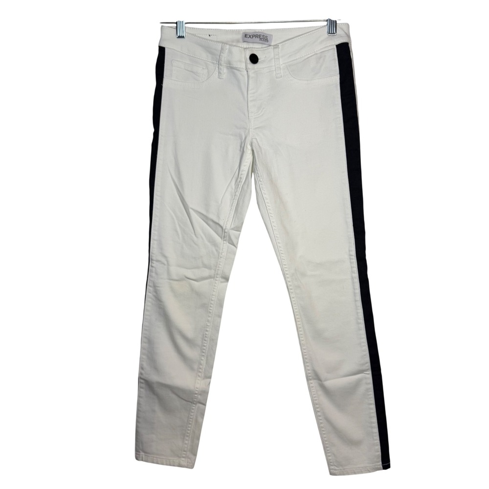 Express Stella Low Rise Ankle Jeans White Black Side Stripe Womens Size 0 Preppy